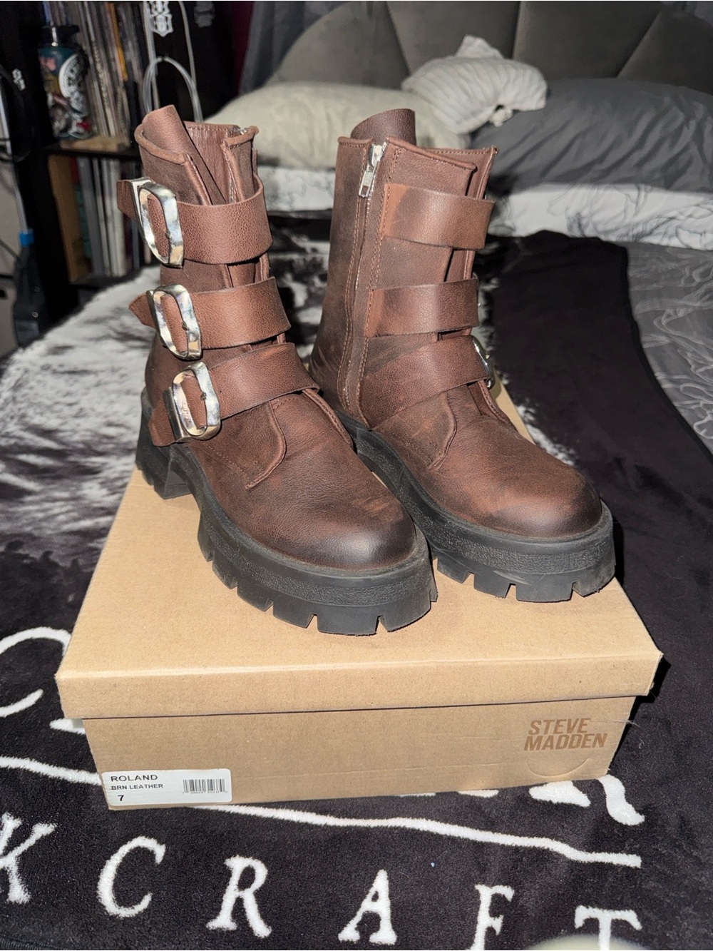 Steve Madden Roland Brown Leather Buckle Combat Boots